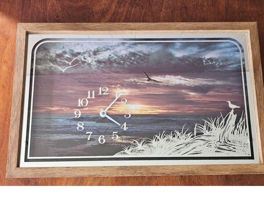 Vintage Intercraft 3D Clock Ocean Sunset Seascape Seagulls Wood Frame 1980s